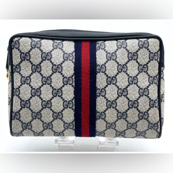 Auth Gucci GG  Supreme  Sherry Line  Navy Blue Zipper Clutch Bag BEAUTIFUL - Picture 2 of 16